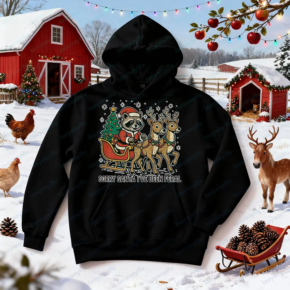 Sorta Merry Sorta Feral مضحك الراكون عيد الميلاد هوديس وقح لطيف الحيوان الملابس عيد الميلاد الرنة مزلقة قميص مطبوع المرأة هوديي