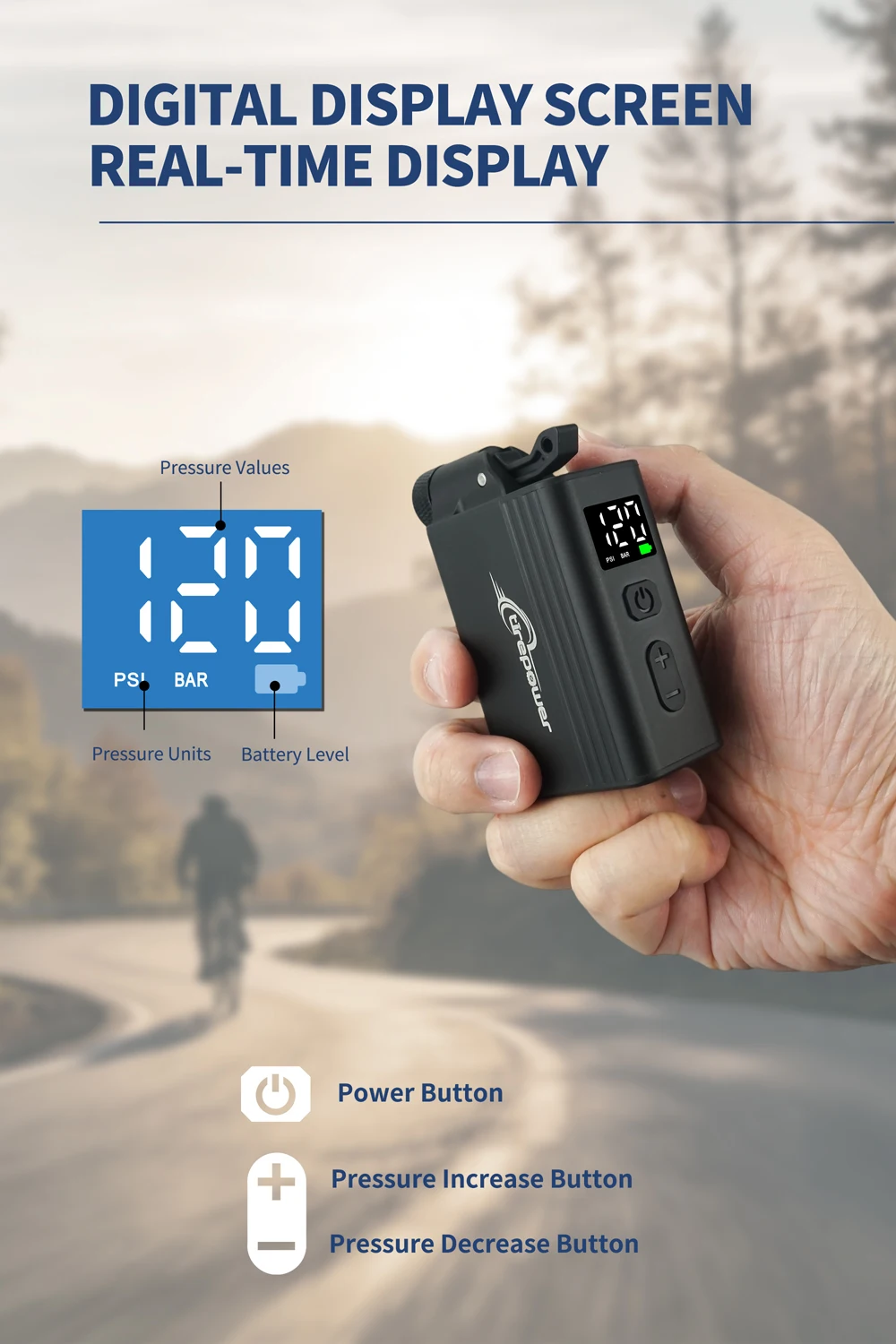 120 PSI Tragbare Elektrische Luftpumpe mit Anpassbarer Reifendruckanzeige für MTB und Rennräder mit Schrader- und Presta-Ventil – Detail 13