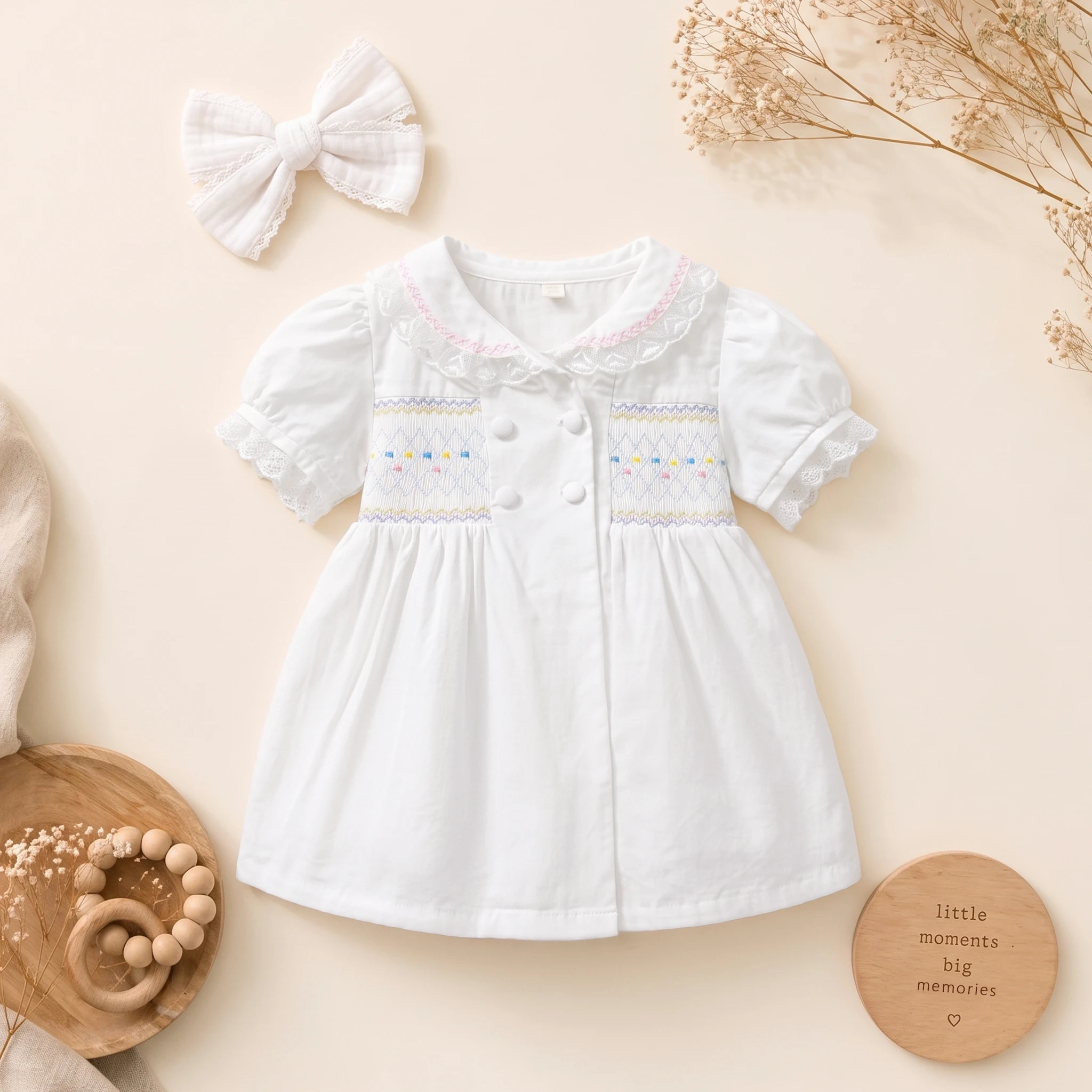 Handgefertigtes, smokiertes Babykleid im spanischen Vintage-Stil, Boutique-Kleid für Kleinkinder, weißes Taufkleid mit Peter-Pan-Kragen und Schleife, Bloomer-Set – Detail 7