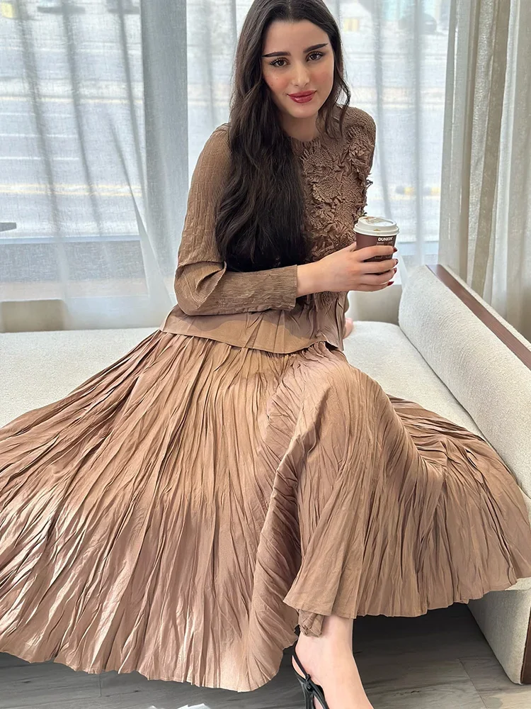 Women Elegant 2 Piece Solid Colour Round Neck Long Sleeve Embroidery Design T-Shirt High Waist Folded Fashion Casual Half Skirt