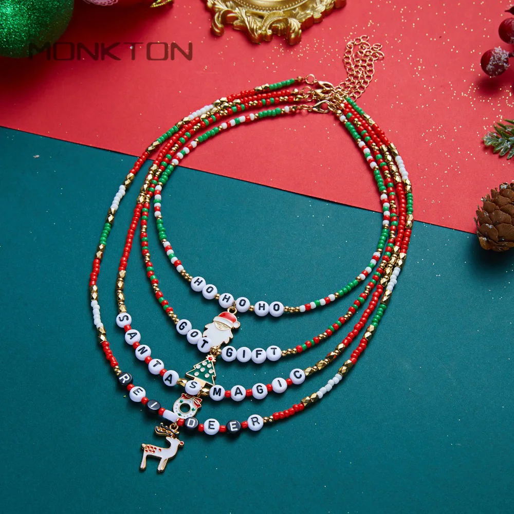 Monkton Christmas Layered Beaded Choker Necklace Santa Reindeer Enamel Pendant Letter Multi Necklace Holiday Jewelry for Women