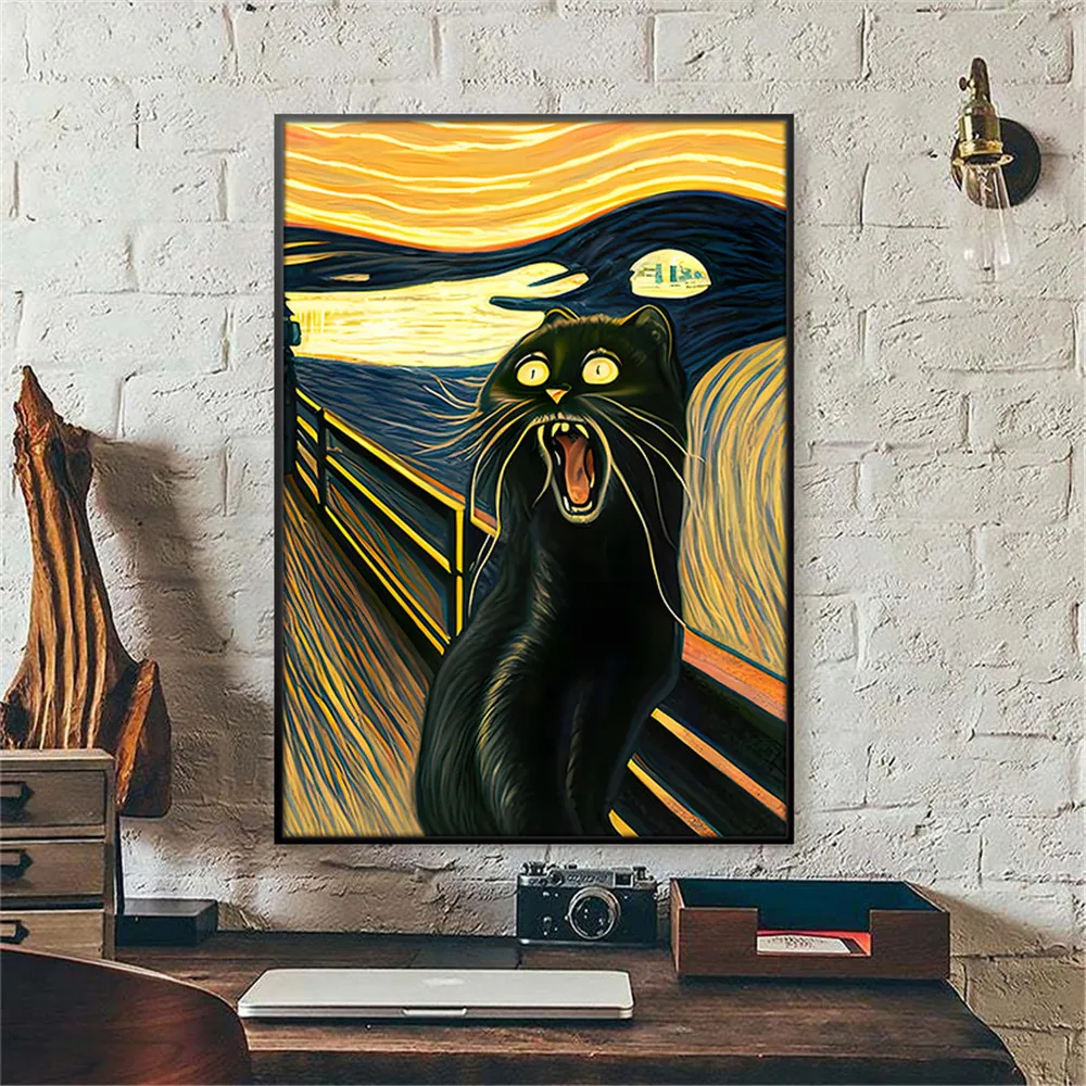 Funny Frightened Cat Canvas Art Anime Poster Modern Cute Abstract Kitten Wall Painting  for Bedroom Living Room Decor