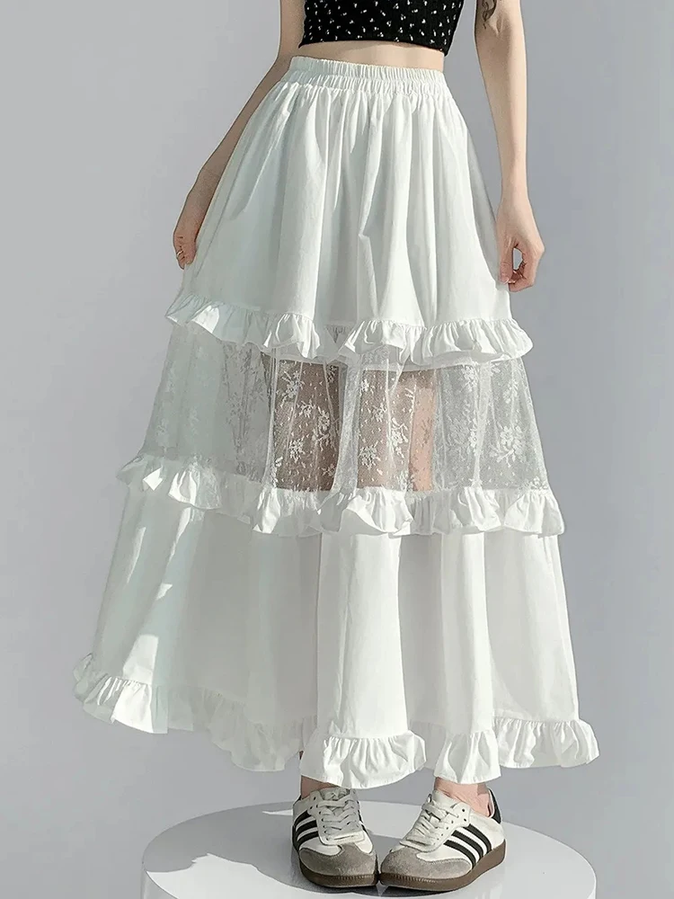 Lace Patchwork Sweet Long Skirts Women Sexy See Through Hollow Out Cute Skirt Summer High Waist Fashion Female Elegant Skirt New