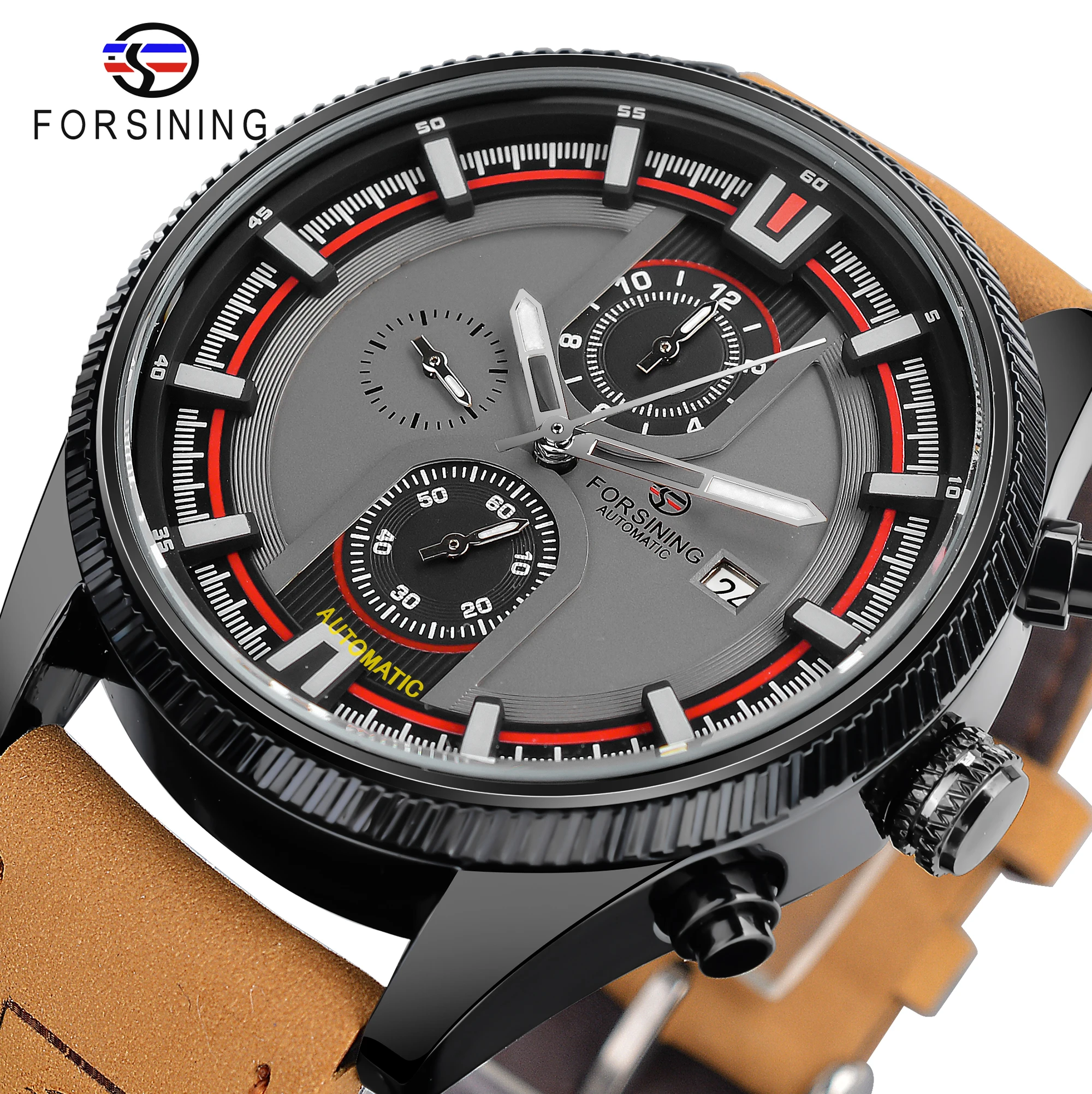 Forsining 3 Dial Clock Sport Military Mens Watch Calendar Classic Automatic Mechanical Watch Genuine Leather Outdoor Wristwatch