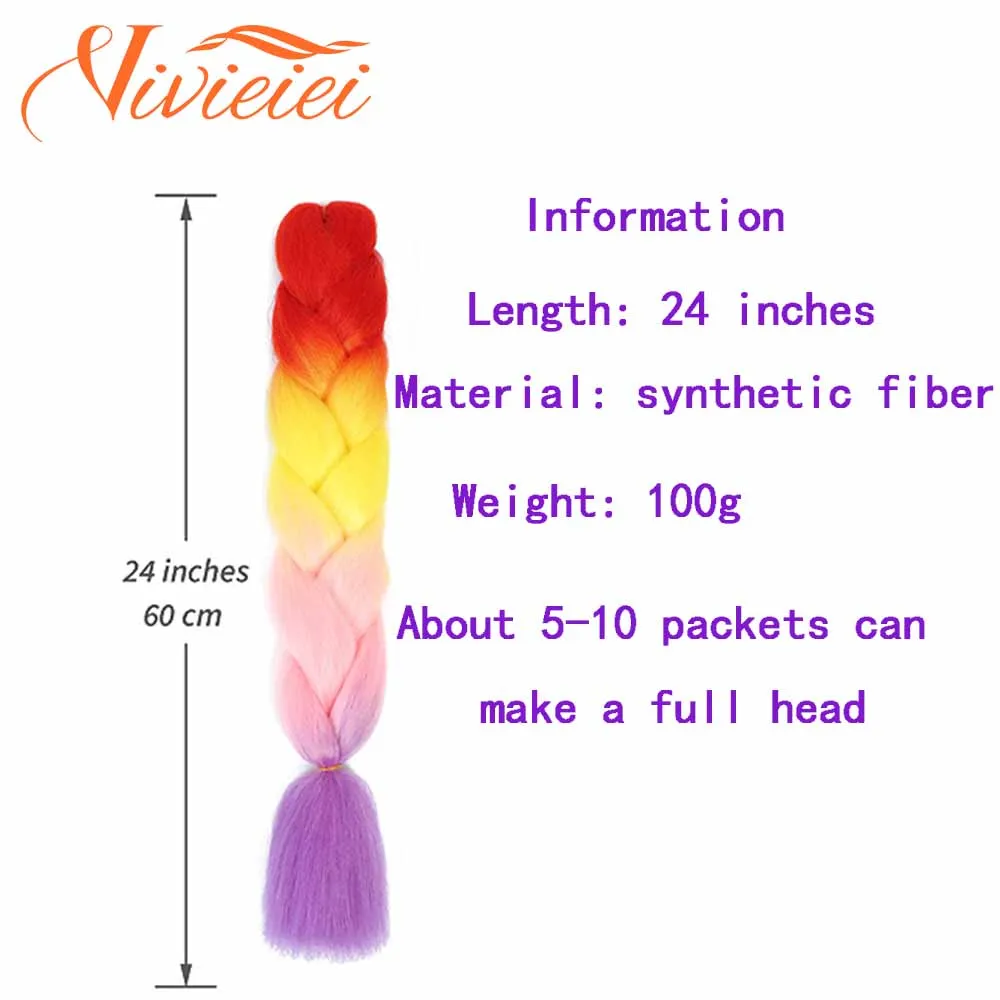 VIVIEIEI-Extensión de cabello trenzado sintético Jumbo para mujer, 24 pulgadas, ombré, trenzas de pelo DIY, rosa, morado, amarillo