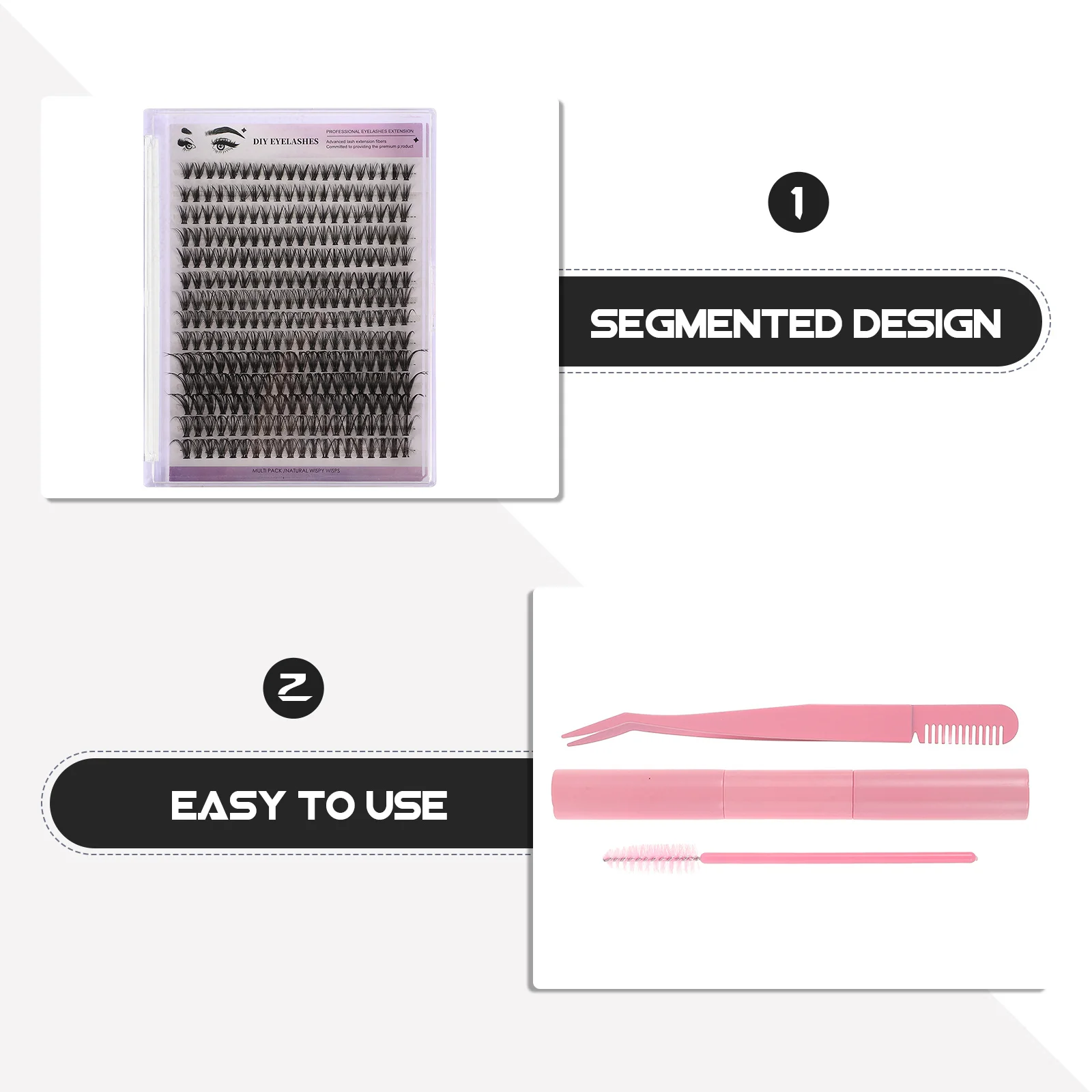 Kit de extensión de pestañas DIY, grupos de pestañas con removedor de adhesivo, pinzas, peines para mejorar el maquillaje de ojos portátil