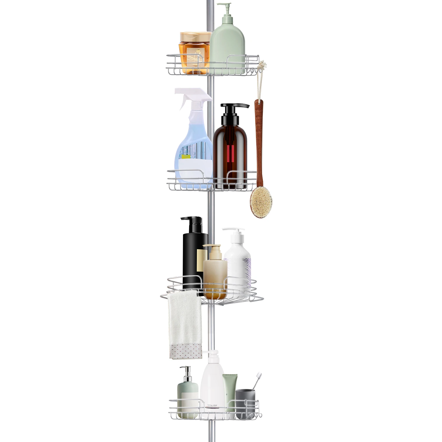 Étagère d'angle de douche à 4 niveaux, autoportante, avec barre de tirage, réglable en hauteur, sans perçage, résistante à la rouille