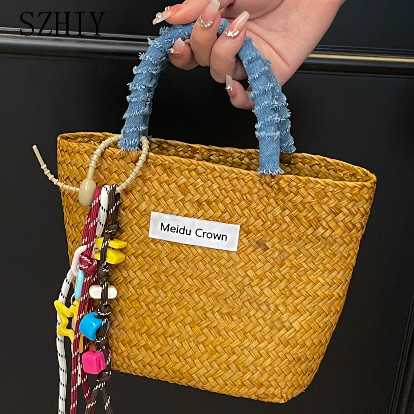 

Natural Seaweed Woven Handbag for Women Fashionable Designer Phone Pocket Bohemian Vacation Beach Bag Summer Small Bolsa Palha