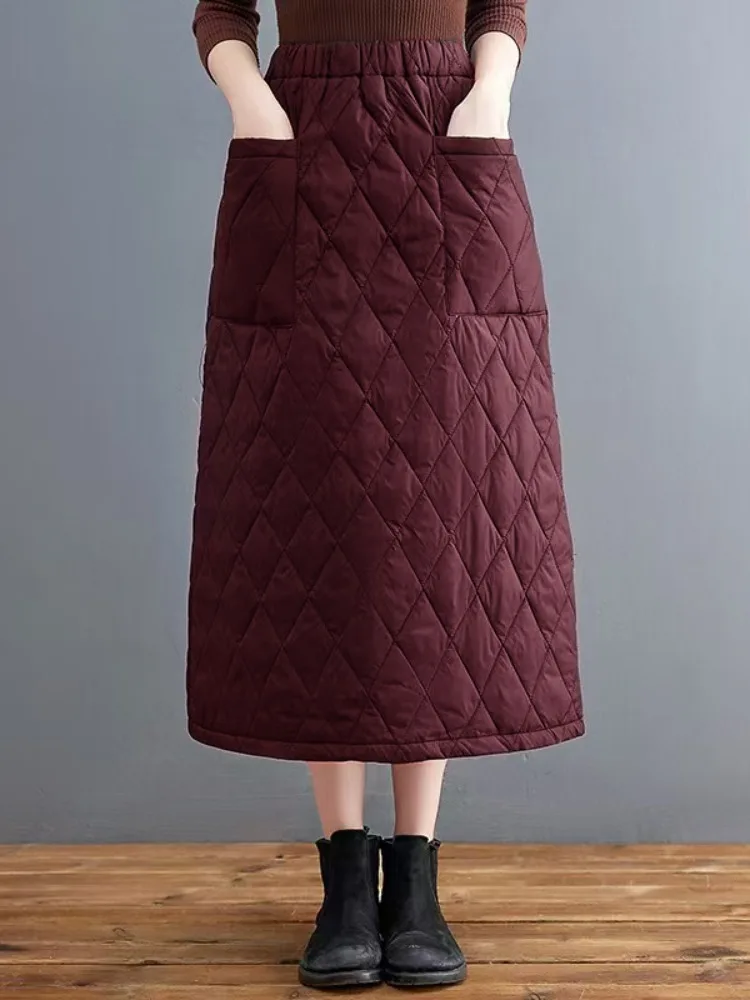 Ladies Thickened down Cotton A-Line Midi Skirt High Waist Warm Windproof Diamond Stitched Half-length Winter Fashion Commute