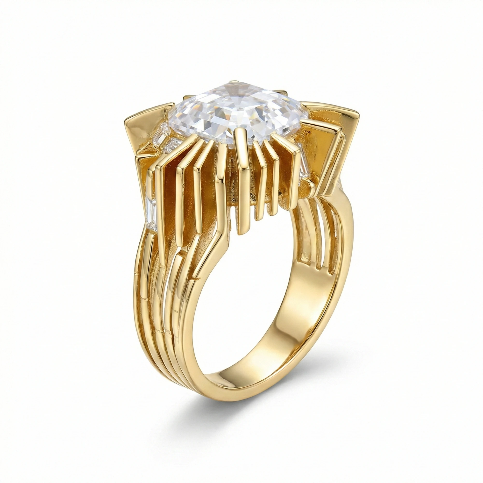 

Vintage Artificial Diamond Ring Women's 925 Sterling Silver Unique Architectural Statement Engagement Cocktail Fine Jewelry Gift