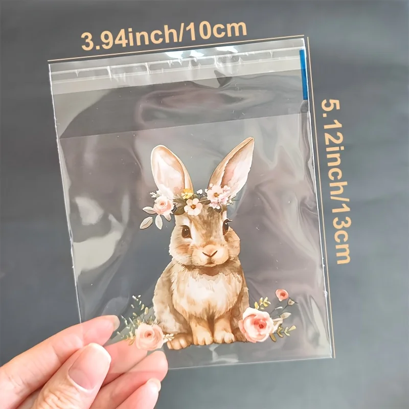 100/200 Stück Geschenktüten mit Osterhasen- und Blumenmuster, niedliches Hasen- und Frühlingsblumenmuster, transparente, selbstklebende Beutelverpackung – Detail 5