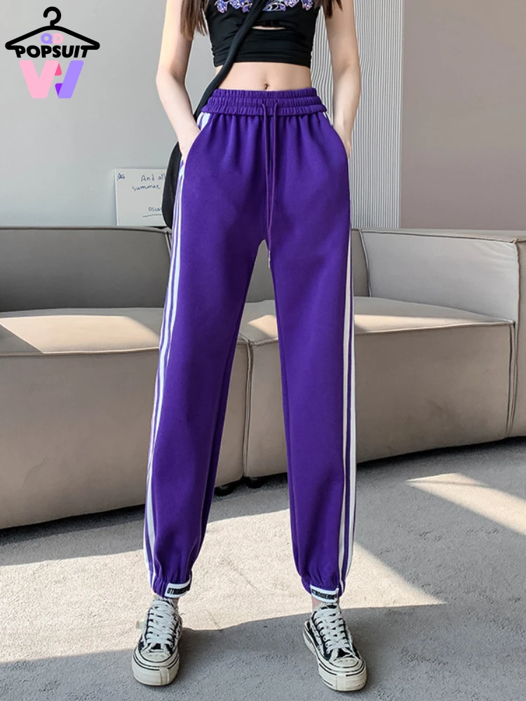 

New In Women Sweatpants Fashion Casual LOOSE High Waist Lace-up Big Pockets Side-Stripe Joggers Women Harem Ankle Banded Pants