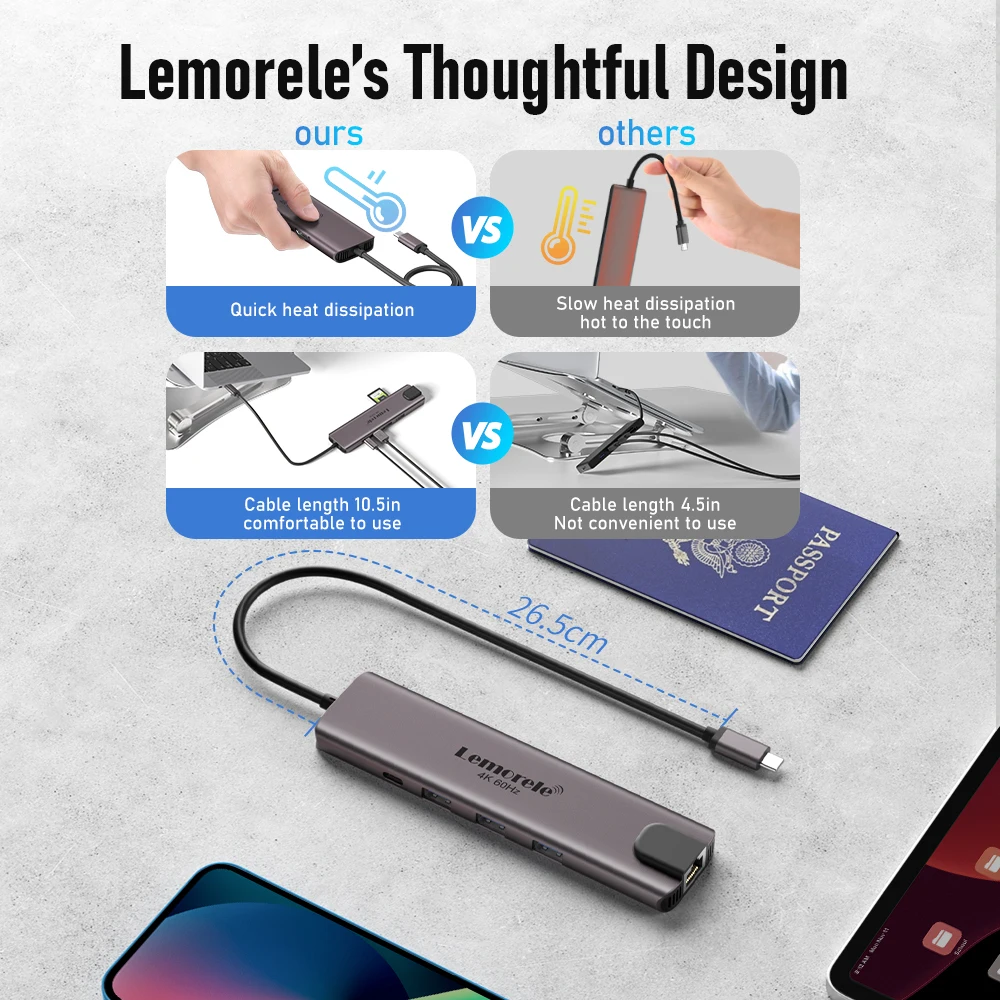 레모렐 10 in 1 USB C 허브 도킹 스테이션 타입 C 어댑터 4K@60Hz HDMI 100W PD RJ45 1000Mbps 이더넷 SD/TF 슬롯 (맥 노트북용)
