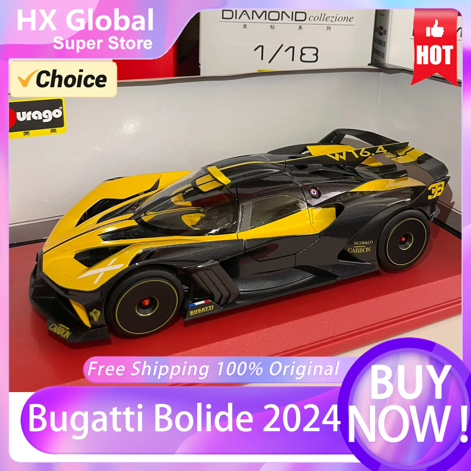 [Hot-Sale] Bburago 1:18 Bugatti Bolide Sports Car 2024 Diecast Model Edition Alloy Luxury Vehicle Toy Collection Ornaments Gift