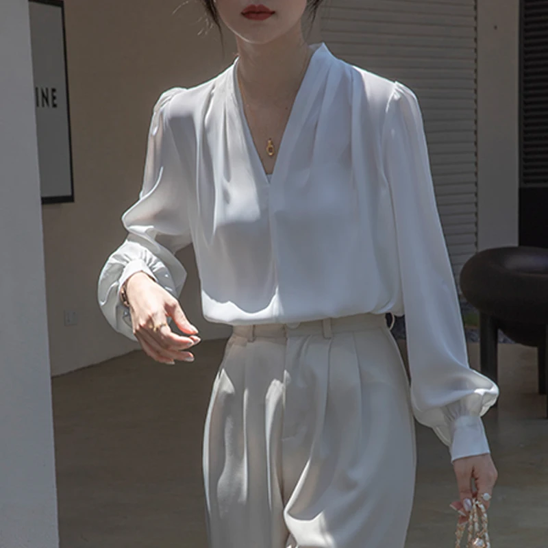 2025 New Elegant Satin Women's White Blouse Spring Autumn Long Puff Sleeve V-neck Casual Loose Office Workwear Shirts Female