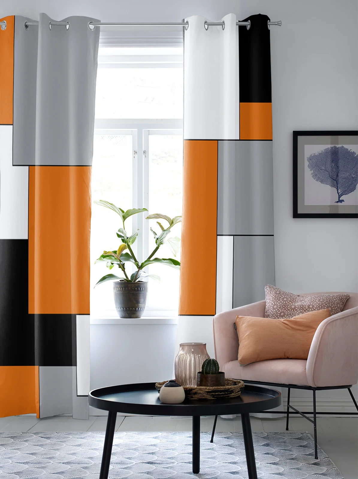 Orange Black Grey Abstract  Window Curtains for Living Room Bedroom Kitchen Window Treatments Valance Home Decor Drapes