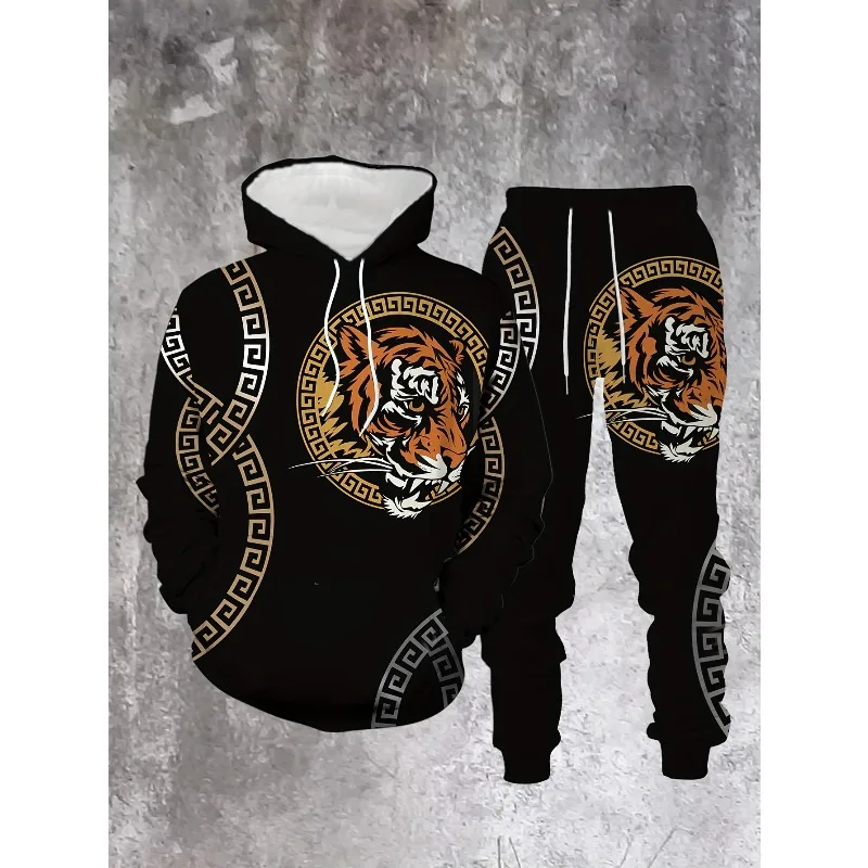 2025 Men's 2-piece Tiger Head Greek Key Leopard Lion Animal 3D Printed Hoodie and Running Pants Set