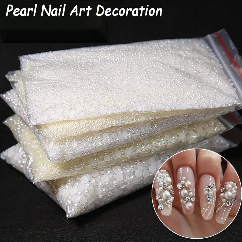 200-1200pcs Half Round Pearls Nail Rhinestones 2/3/4/5/6mm White Beige Pearl Beads Caviar Nail Decor 3D Flatback Resin Nail Gems