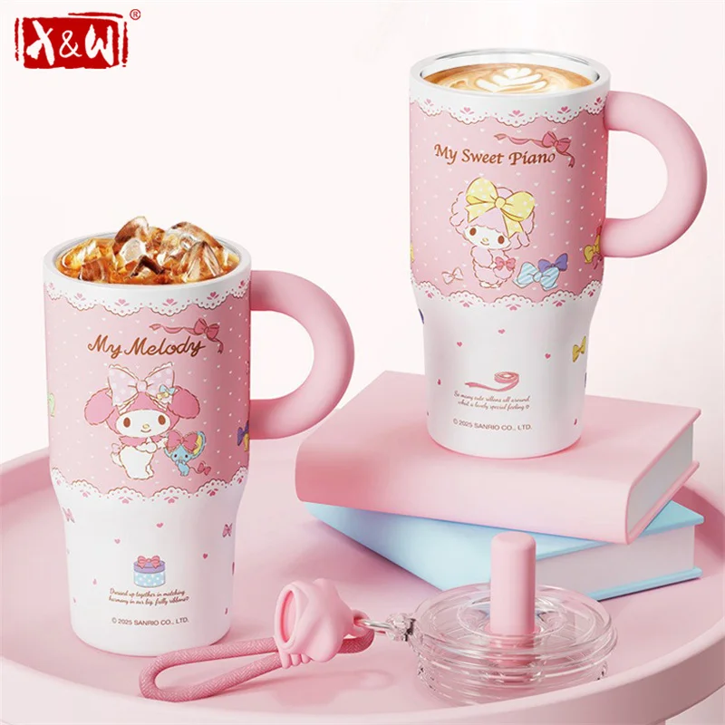 X&W Sanrio Thermal Mug Stainless Steel Vacuum Flasks Cartoon Coffee Mug Portable Straw Water Bottle with Handle＆Visible Cup Lid