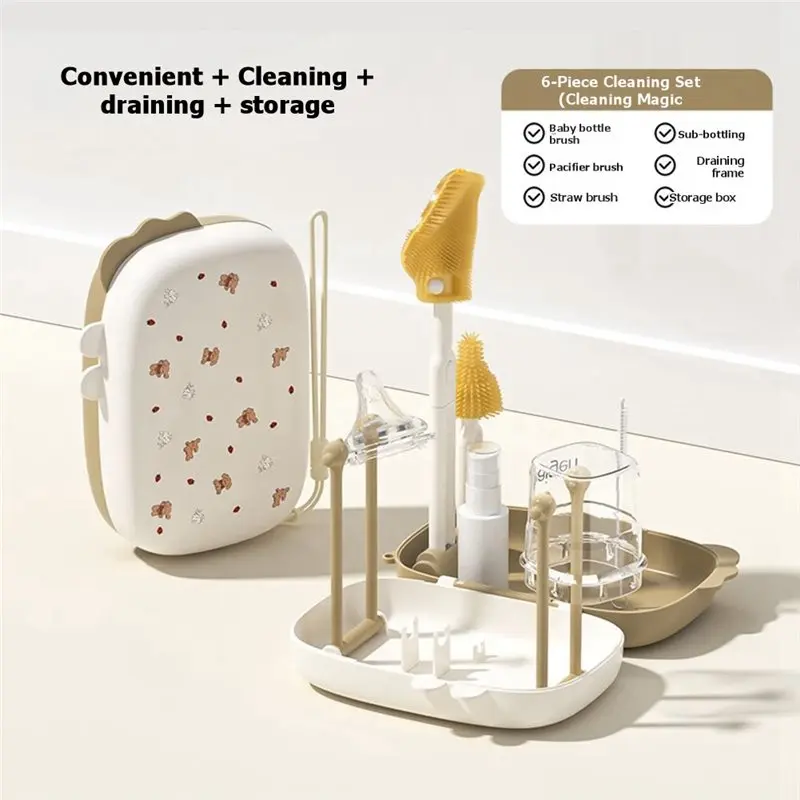 COME Bottle Cleaning Brush Set, Portable Baby Bottle Brush Storage Box, Travel-Sized, Baby-Specific Draining Cleaning Brush