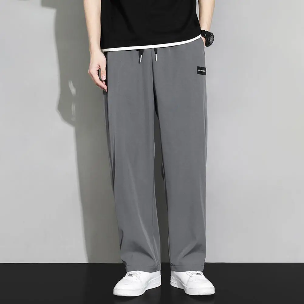 Men Sweatpants Ice Silk Smooth Drawstring Jogging Trousers Elastic Waist Straight Wide Legs Breathable Men Summer Sports Pants