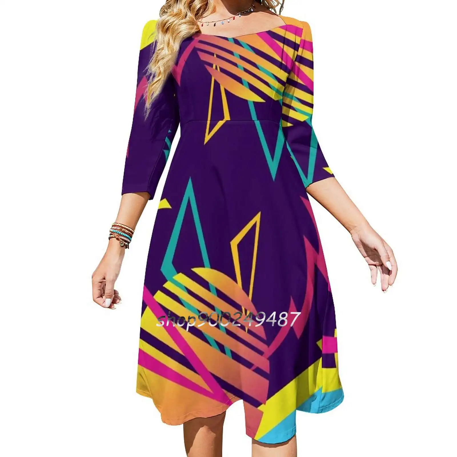 80S Neon Classic ( Dark-Violet ) Square Neck Dress Cute Loose Print Dresses Elegant Beach Party Dress 80S 80S Aesthetic Neon