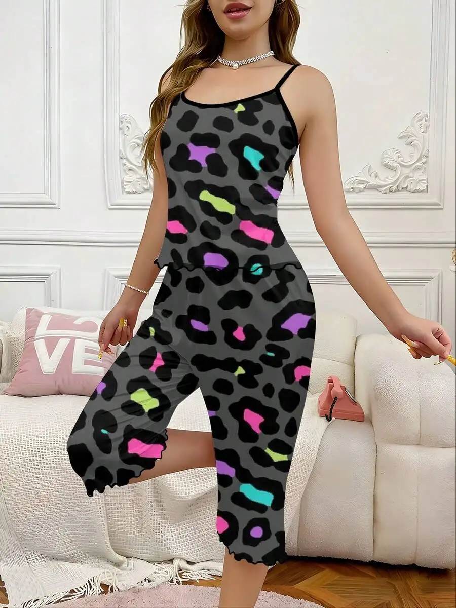 

Womens Gray Leopard Print Pajama Set With Pink Purple Green Accents Two Piece Sleepwear