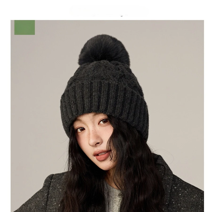 Women's Cable Knit Beanie with Oversized Pom Pom Autumn Winter Warm Chunky Ribbed Hat Cute Fluffy Folded Cuff Knitted Cap view 5