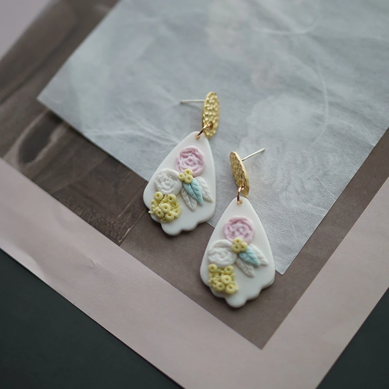 French Romantic Sculpted Flower Bouquet Earrings Polymer Clay Pastel Rose Petal Drop Vintage Gold Stud Floral Sweet Wedding