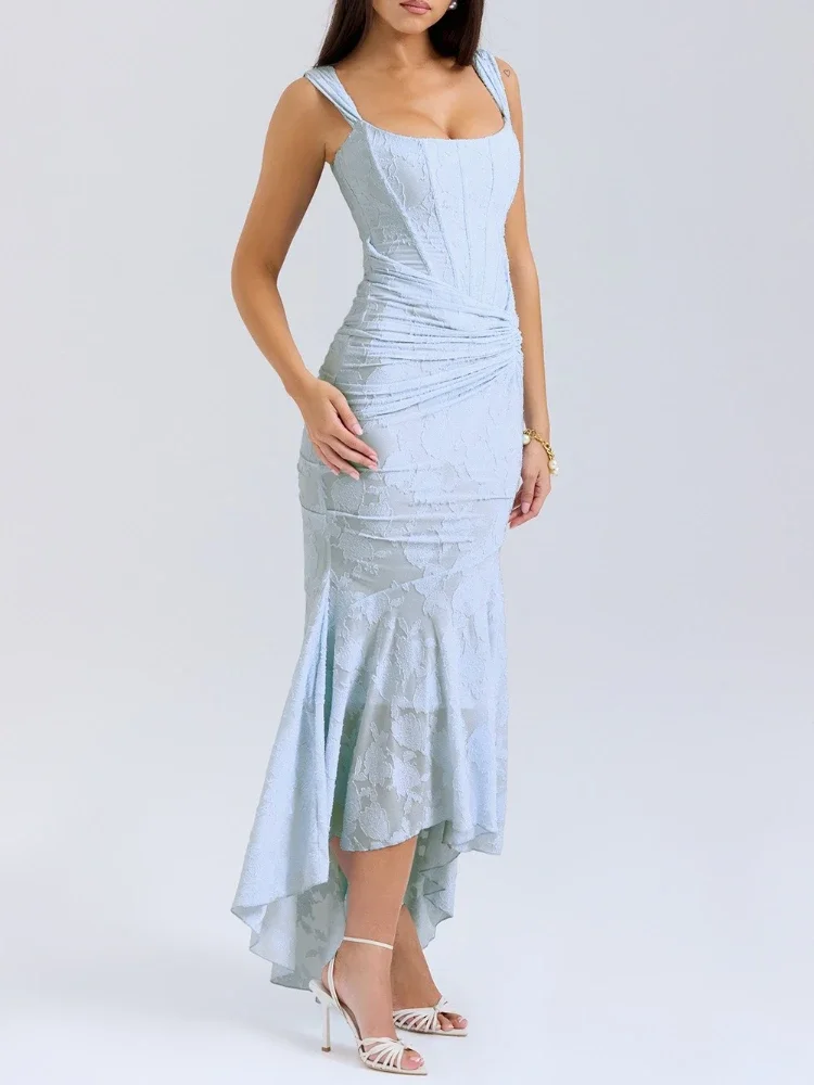 

High Quality 2025 Fashion Square Collar Jacquard Pleated No Sleeve Fish Tail Tank Dress Elastic Net Fabric Direct Summer Dresses