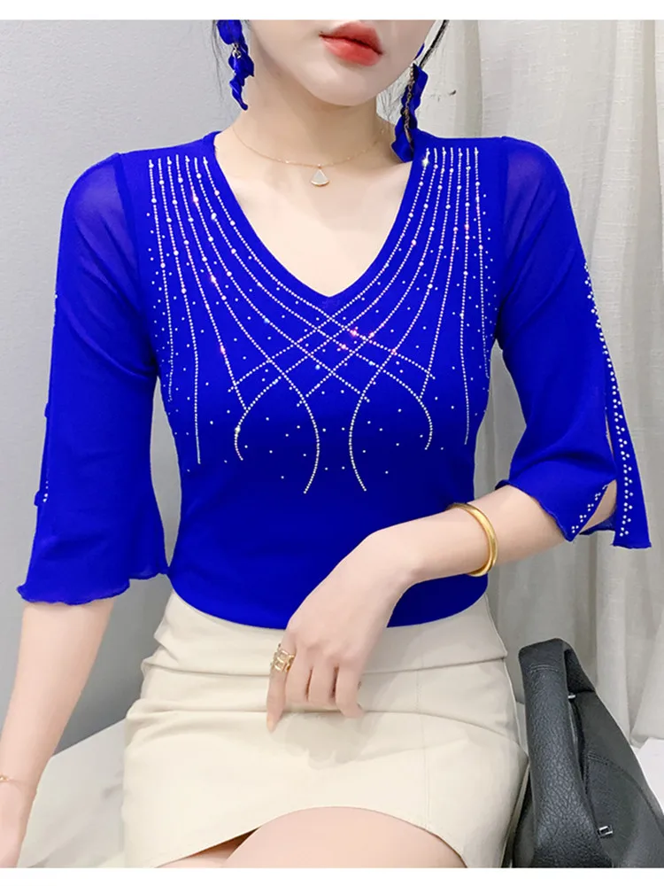 

2025 Summer New Mesh Fashion Cross Hollow Hot Drill Versatile Women's T-Shirt Casual Flare 3/4 Sleeve Sunscreen Female Tops