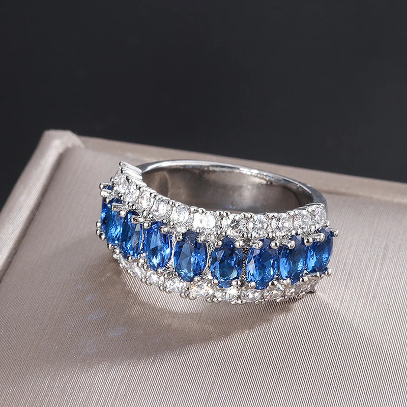 Luxury brand genuine real jewels Fashion Jewelry Colorful Treasure Flow Corundum Imitation Tanzanian Blue Temperament Ring Handp