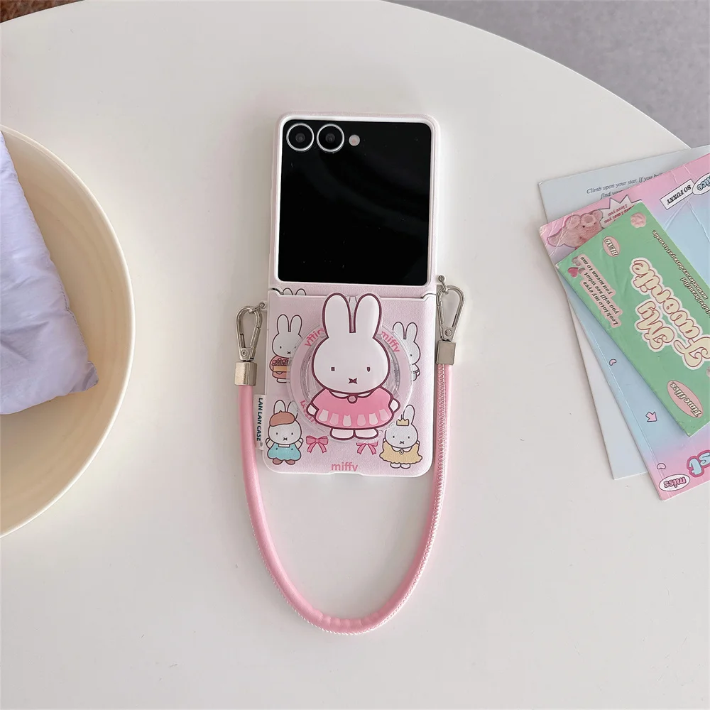Urocze różowe etui na telefon z motywem królika Miffy, z podstawką magnetyczną i paskiem na rękę, do Samsung Galaxy Z Flip8 7 FE Flip7 Flip8 Flip5 6. — zdjęcie produktu 2