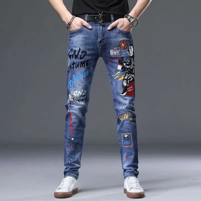 New Straight Graffiti Jeans Man Pants Spring Summer Boyfriend Slim Jeans Streetwear Skinny Zips Blue Cacual Long Denim Trousers