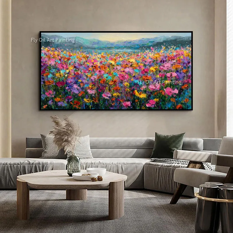 Wildflower Meadow Landscape Canvas Art, Handmade Palette Knife Thick Impasto Oil Painting, Horizontal Wall Decor