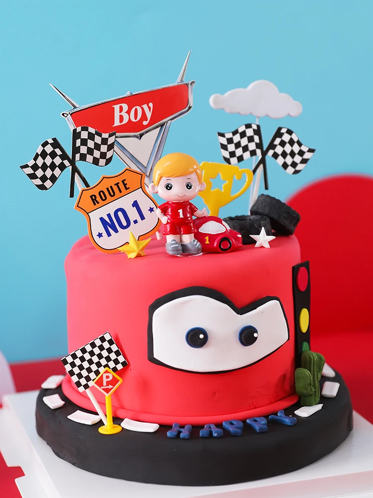 Cake Decoration Boy Racer Cute Car Theme 1 2 Year Baby Shower Cake Topper Kids Happy Birthday Pennant Insert Barricade Ornaments