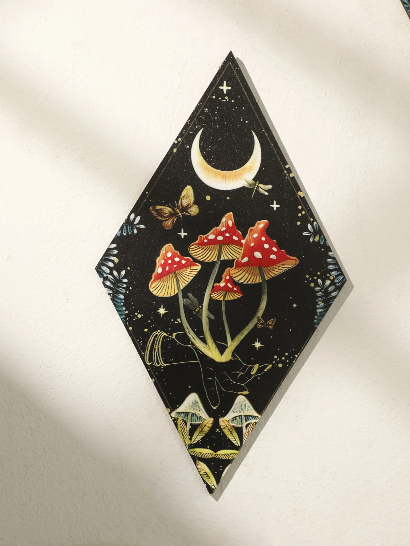 Mushroom Butterfly Pattern Wooden Wall Decor Rhomboid Wall Hanging Boho Home Decoration Witch Decor Room Decors Aesthetic Gift