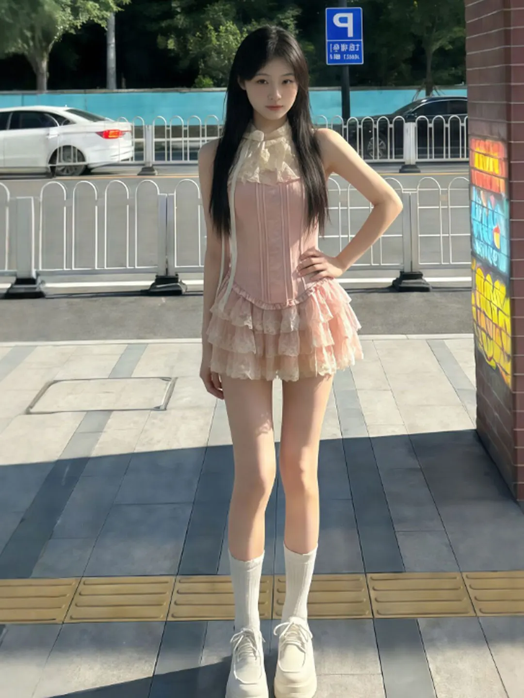 

Gentle Style Off-Shoulder Top And Puffy Skirt Two-Piece Set Comfortable Summer Outfit for Women High Collar No-Sleeve Dress