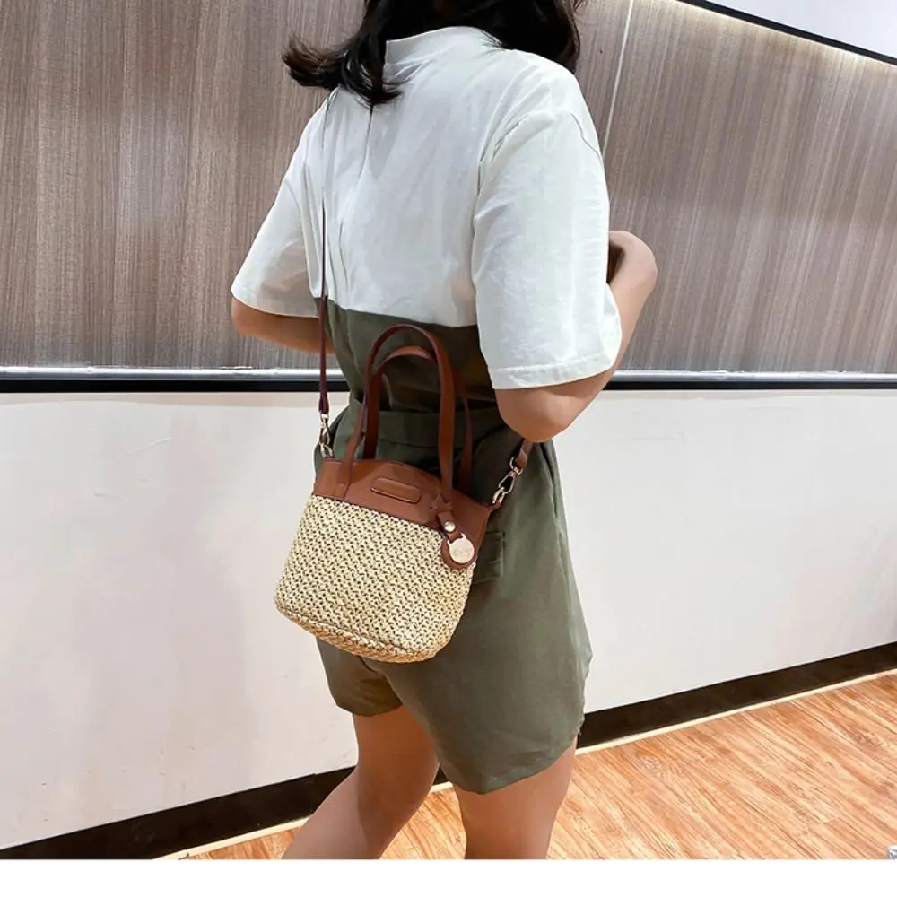 Faashion Straw Beach Bag Vintage Handmade Ladies Shoulder Bags Designer Strap Handbag Pu Patchwork Messenger Crossbody Bag