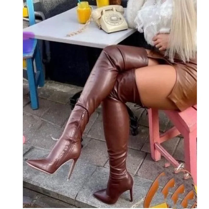 

Brown Zipper Matte Leather Boots Over Knee High Thin High Heel Fashion Sexy 2024 Winter Big Size Woman Shoes Zapatillas Mujer