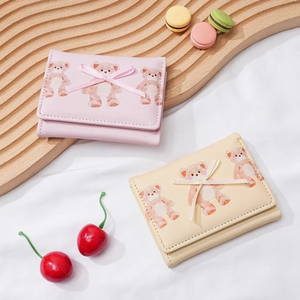 Nouveau mignon ours arc porte-monnaie pliant Tri-fold Mini portefeuilles Portable multi-fentes pochette cadeau