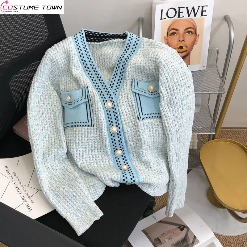 

Xiaoxiangfeng contrasting color knitted cardigan spring and autumn V-neck pearl buckle fashionable knitted sweater