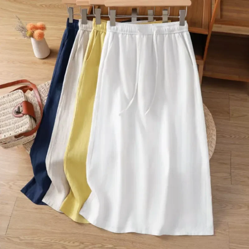 

Linen Midi Skirt for Women in Summer, Thin Loose Breathable Split All Match Straight Tube Skirt, Medium Length