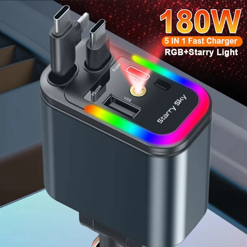 

180W 5 In 1 Retractable Car Phone Charger RGB Starry Sky Light for PD/QC3.0/SCP/VOOC/FlashCharge/AFC/FlashCharge Protocols Phone