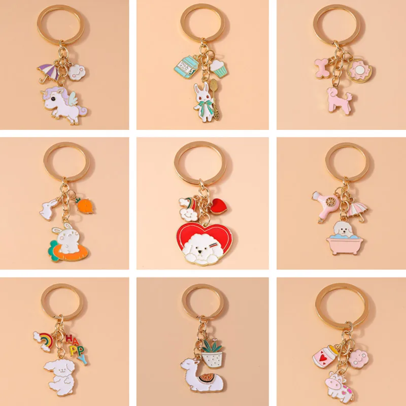 Cartoon Animal Keychain Enamel Dog Rabbit Alpaca Pendant Keyrings for Women Men Car Key Holder Handbag Hanging Key Chains Gifts