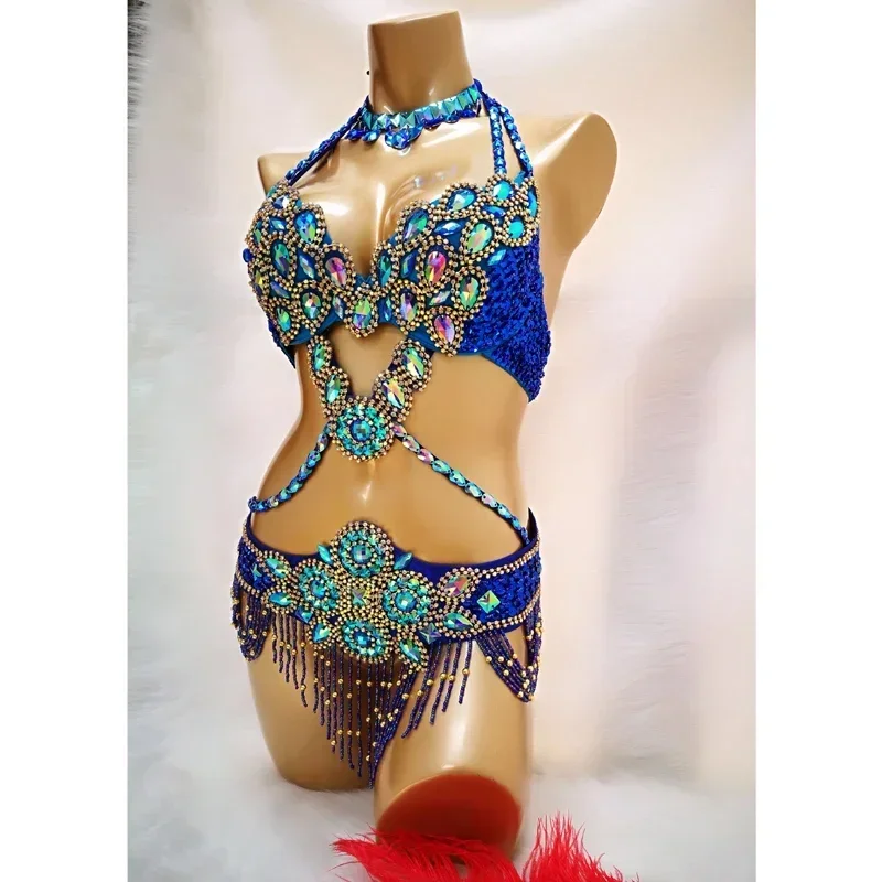 Traje de danza del vientre con cuentas de cristal para mujer, conjunto de 3 piezas, sujetador, cinturón y collar, ropa Sexy para danza del vientre