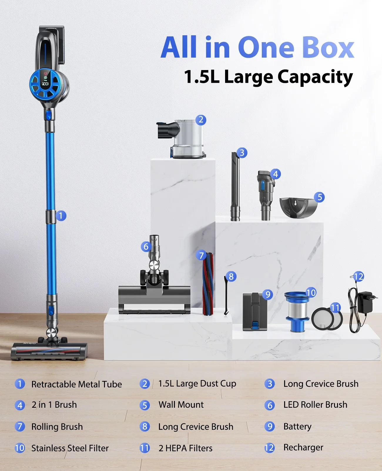 450W 36Kpa Wireless Cordless Handheld Vacuum Cleaners with Display and 1.5L Large Dust Cup for Home Car Pet