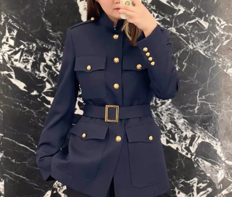 Slim Fit Jacket with Belt Vintage Stand Collar Multiple Pockets Gold Button Early Autumn New Style Cool Workwear Windbreaker