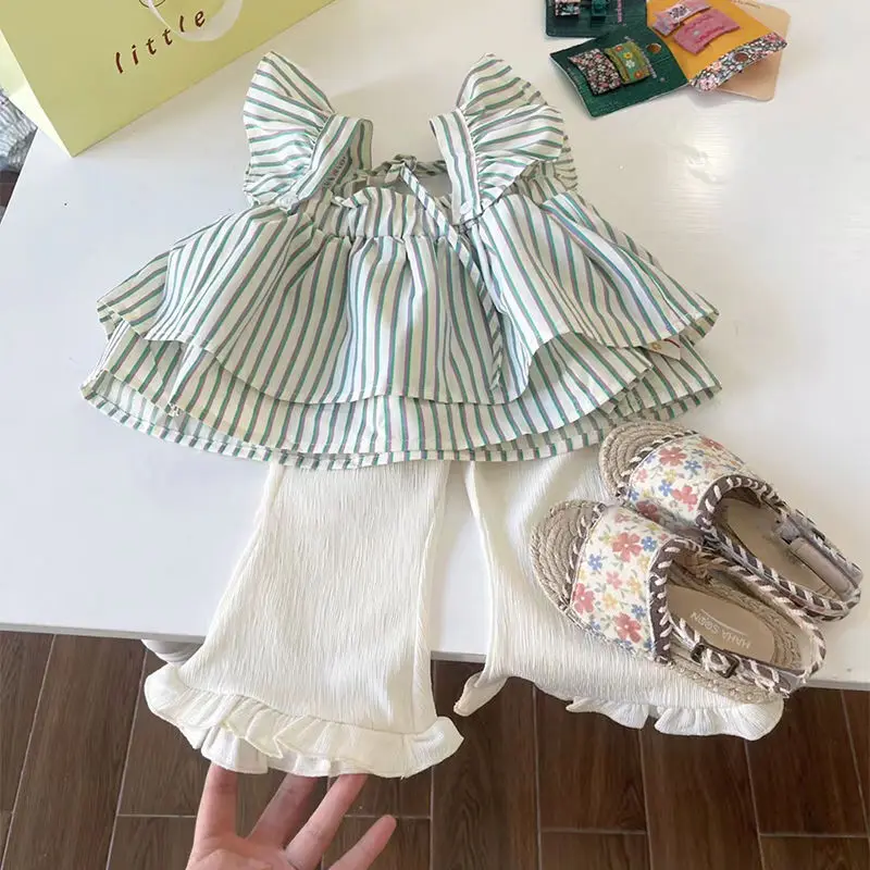 Conjunto de camisa listrada de manga curta infantil e calças lare, roupas de bebê e meninas, verão, edição coreana, elegante, novo, 2 peças