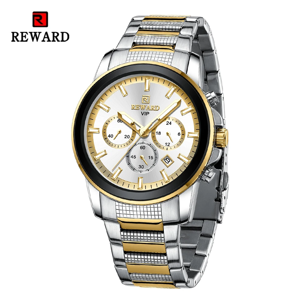 REWARD VIP New Mens Quartz Watches Stainless Strap Men\'s Wristwatches Chronograph Luminous Waterproof Date Sport Watches for Men